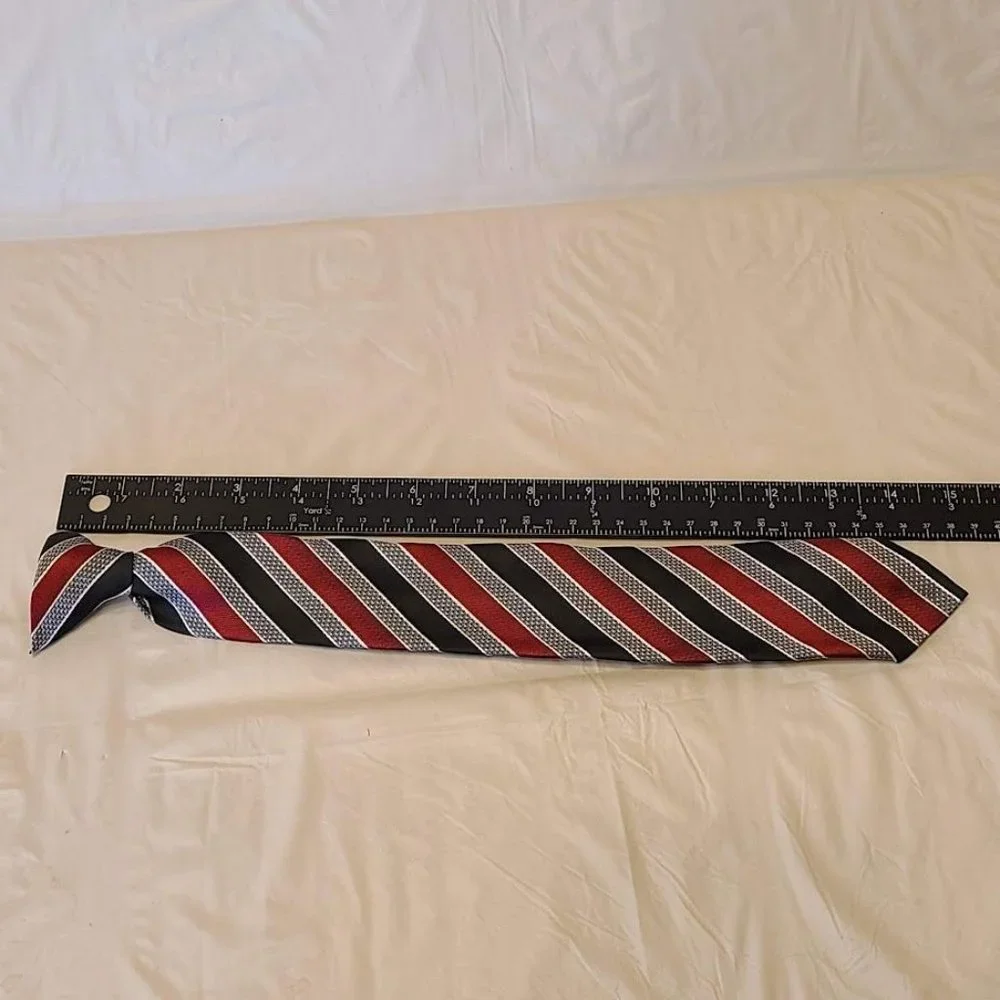 George Boys Clip On Tie Black Gray Red Striped 15